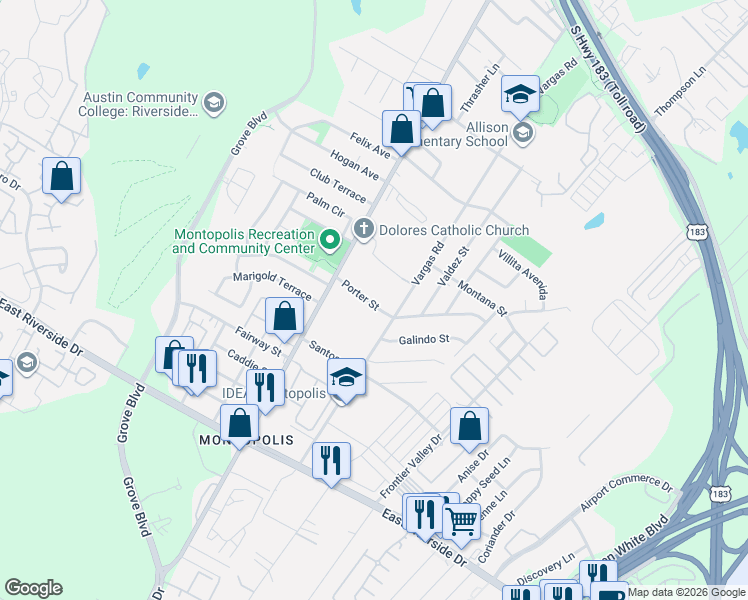 map of restaurants, bars, coffee shops, grocery stores, and more near 6505 Porter Street in Austin
