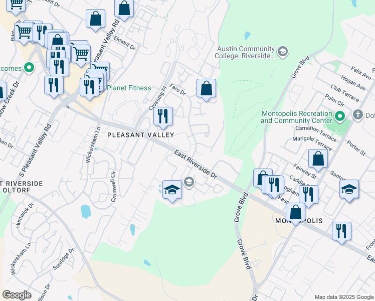 map of restaurants, bars, coffee shops, grocery stores, and more near 5307 1/2 East Riverside Drive in Austin