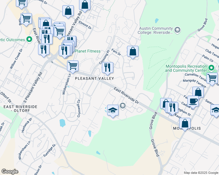 map of restaurants, bars, coffee shops, grocery stores, and more near 5201 East Riverside Drive in Austin