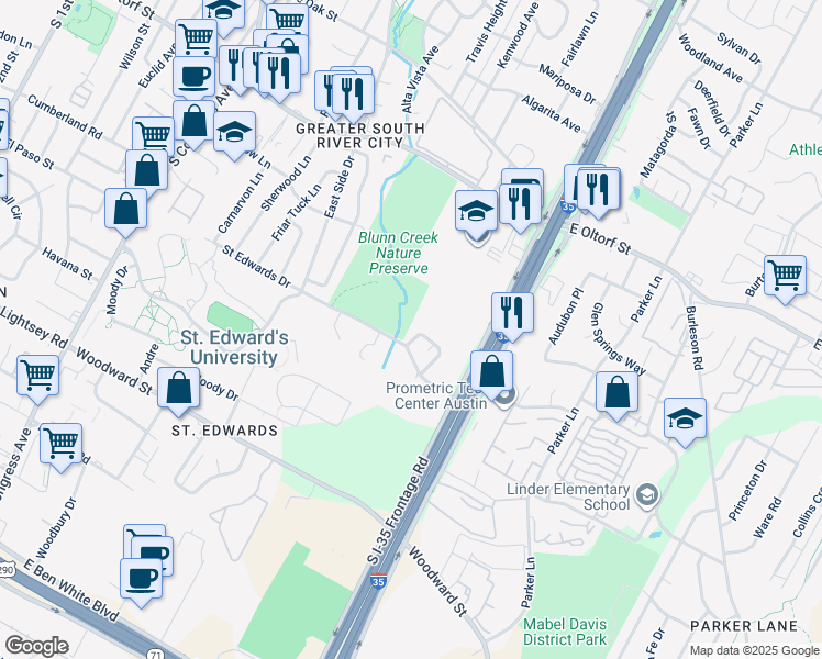 map of restaurants, bars, coffee shops, grocery stores, and more near 1301 Saint Edwards Drive in Austin