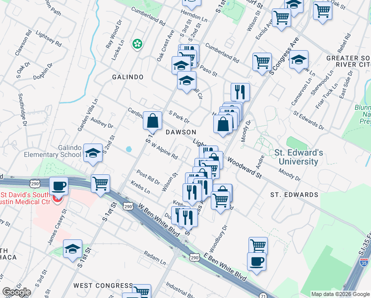 map of restaurants, bars, coffee shops, grocery stores, and more near 304 West Alpine Road in Austin