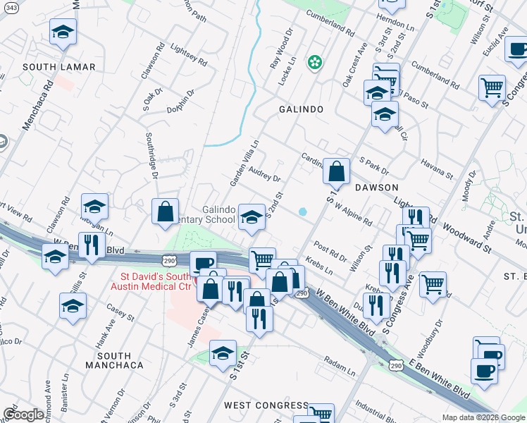 map of restaurants, bars, coffee shops, grocery stores, and more near 3800 South 2nd Street in Austin