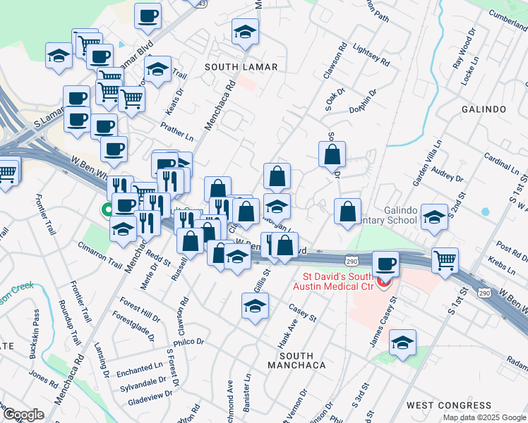 map of restaurants, bars, coffee shops, grocery stores, and more near 1603 Morgan Lane in Austin