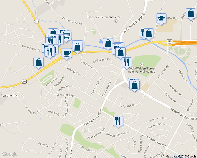 map of restaurants, bars, coffee shops, grocery stores, and more near 7101 Bending Oak Road in Austin