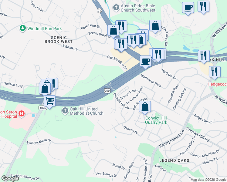 map of restaurants, bars, coffee shops, grocery stores, and more near 7000 Convict Hill Road in Austin