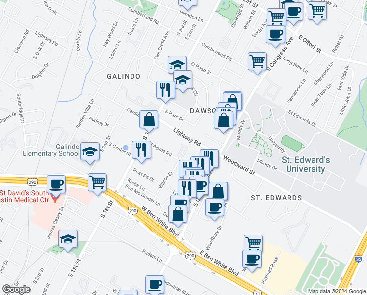 map of restaurants, bars, coffee shops, grocery stores, and more near 3420 Charlotte Rose Drive in Austin
