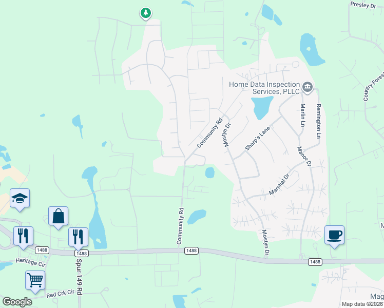 map of restaurants, bars, coffee shops, grocery stores, and more near 40502 Community Road in Magnolia