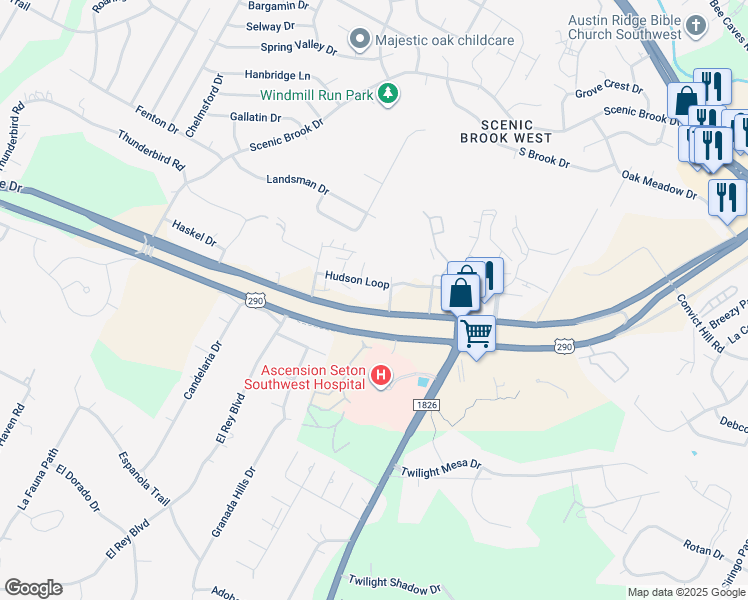 map of restaurants, bars, coffee shops, grocery stores, and more near 8036 East Highway 290 in Austin