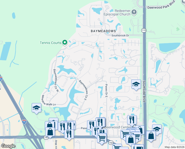 map of restaurants, bars, coffee shops, grocery stores, and more near 7901 Baymeadows Circle East in Jacksonville