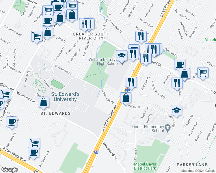map of restaurants, bars, coffee shops, grocery stores, and more near 2708 Saint Edwards Circle in Austin