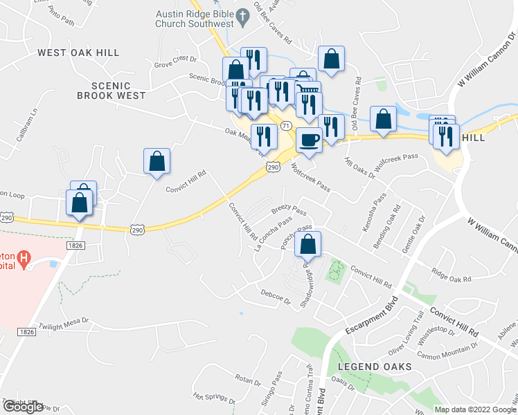 map of restaurants, bars, coffee shops, grocery stores, and more near 7000 Convict Hill Road in Austin