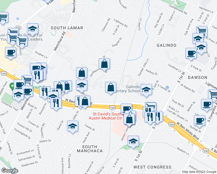 map of restaurants, bars, coffee shops, grocery stores, and more near Banister Lane & Southridge Drive in Austin