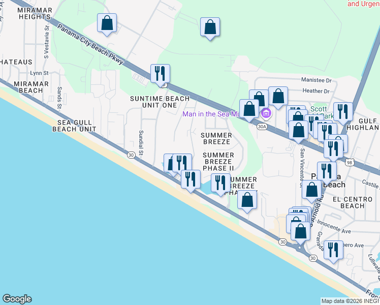 map of restaurants, bars, coffee shops, grocery stores, and more near 17462 Front Beach Road in Panama City Beach