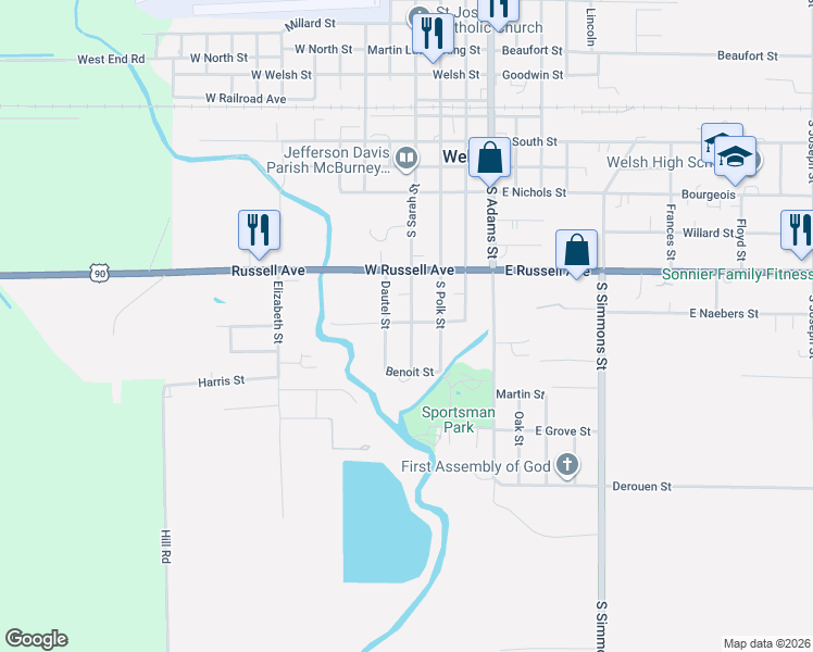 map of restaurants, bars, coffee shops, grocery stores, and more near 710 South Sarah Street in Welsh
