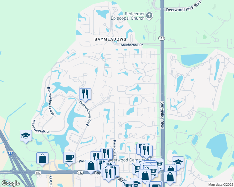 map of restaurants, bars, coffee shops, grocery stores, and more near 7740 Southside Boulevard in Jacksonville