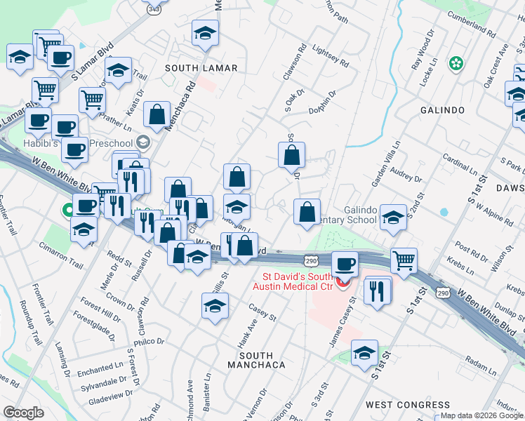 map of restaurants, bars, coffee shops, grocery stores, and more near 3923 Run of the Oaks Street in Austin