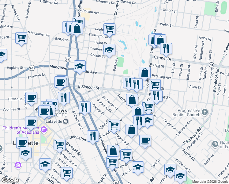 map of restaurants, bars, coffee shops, grocery stores, and more near 112 Surrey Street in Lafayette