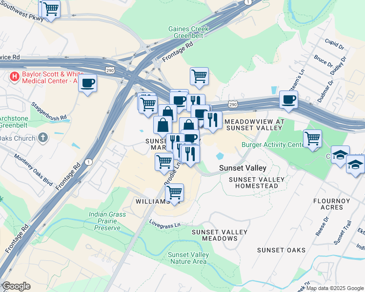 map of restaurants, bars, coffee shops, grocery stores, and more near 5203B Brodie Lane in Sunset Valley