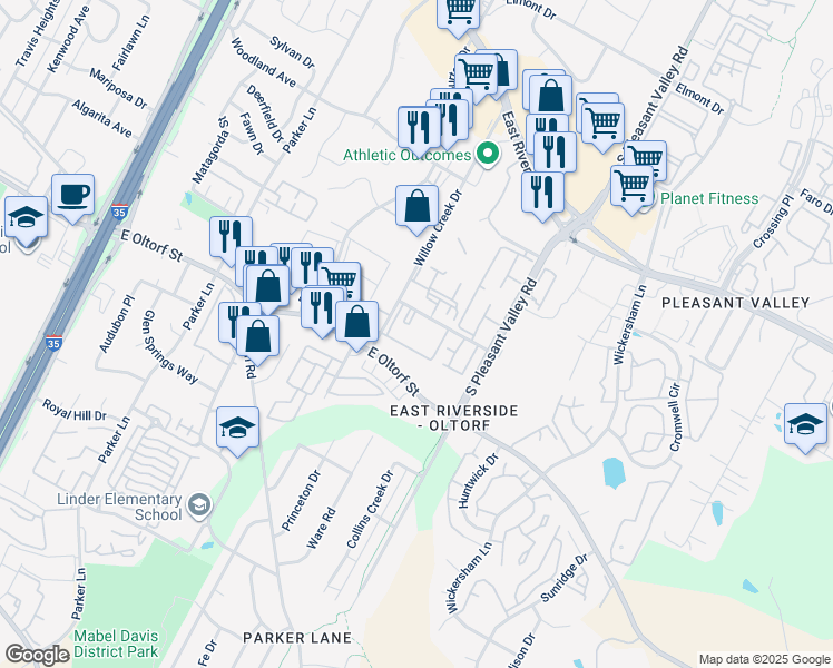 map of restaurants, bars, coffee shops, grocery stores, and more near 2201 Willow Creek Drive in Austin