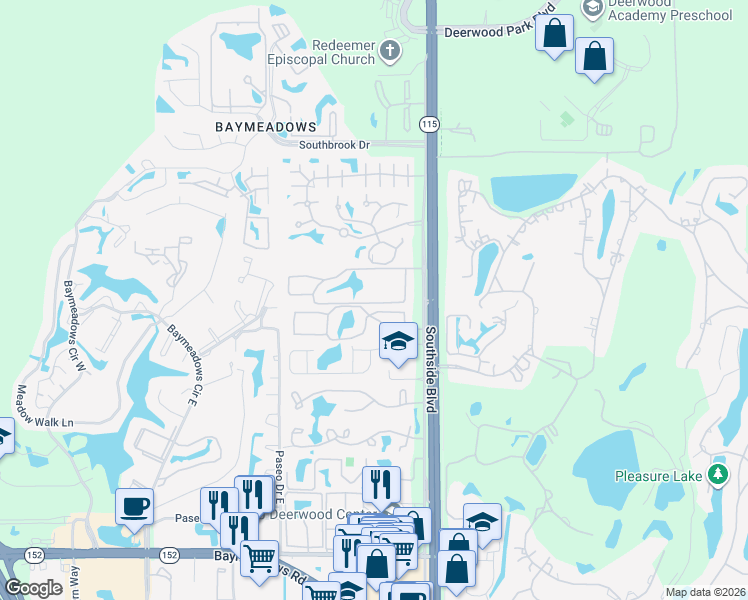 map of restaurants, bars, coffee shops, grocery stores, and more near 7740 Southside Boulevard in Jacksonville