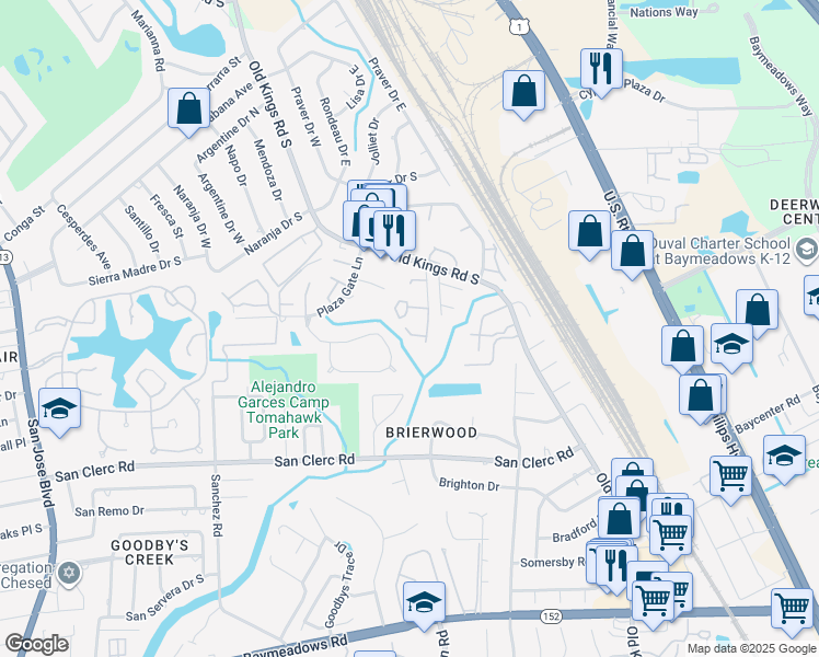 map of restaurants, bars, coffee shops, grocery stores, and more near 4801 Evenlode Lane in Jacksonville