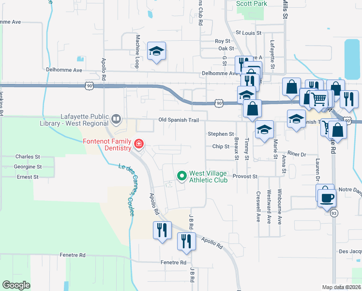 map of restaurants, bars, coffee shops, grocery stores, and more near 808 Old Spanish Trail in Scott