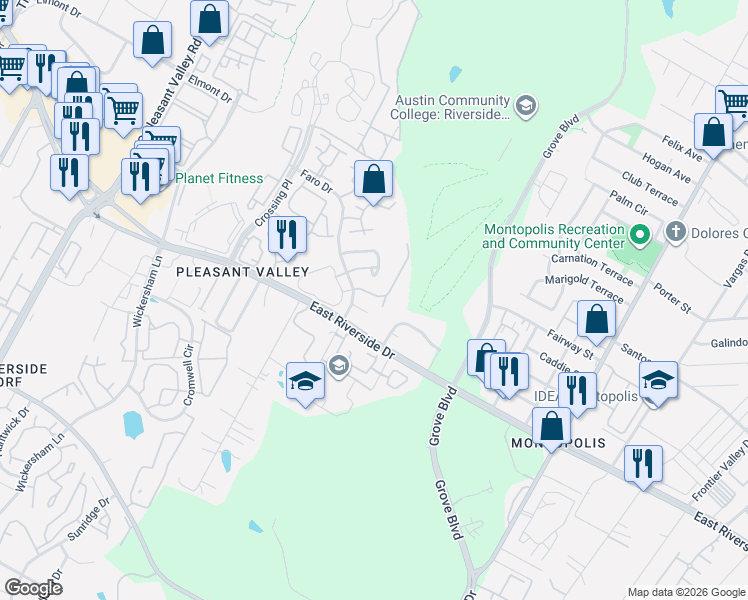 map of restaurants, bars, coffee shops, grocery stores, and more near 5405 Summer Circle in Austin