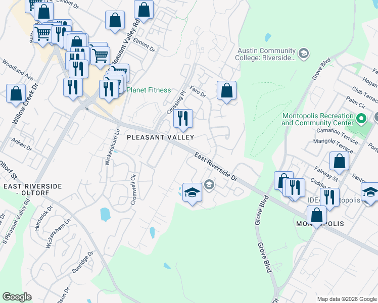 map of restaurants, bars, coffee shops, grocery stores, and more near 1818 River Crossing Circle in Austin