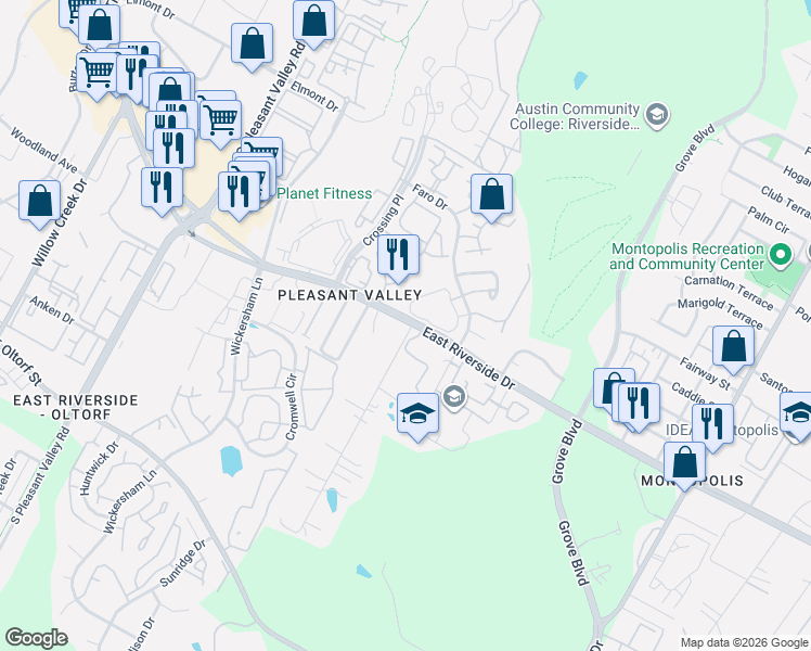 map of restaurants, bars, coffee shops, grocery stores, and more near 1818 River Crossing Circle in Austin
