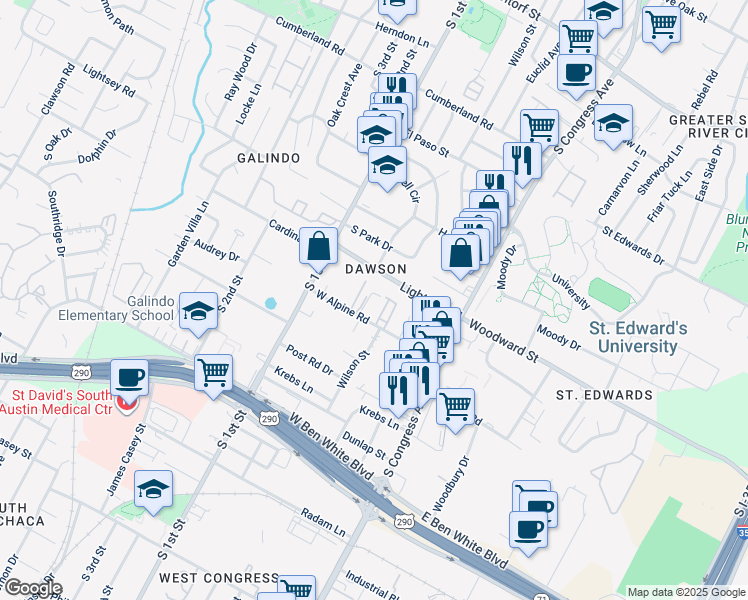 map of restaurants, bars, coffee shops, grocery stores, and more near in Austin