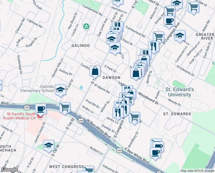 map of restaurants, bars, coffee shops, grocery stores, and more near in Austin