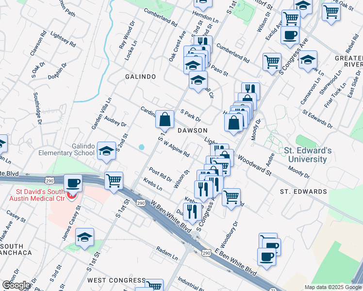 map of restaurants, bars, coffee shops, grocery stores, and more near 3501 South 1st Street in Austin