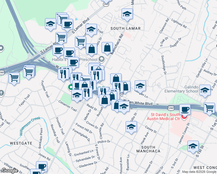 map of restaurants, bars, coffee shops, grocery stores, and more near 1900 Fortview Road in Austin