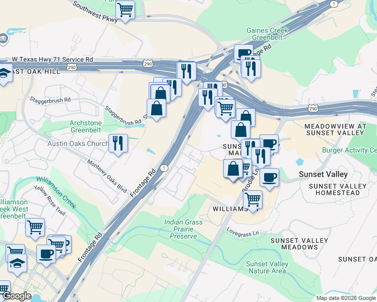map of restaurants, bars, coffee shops, grocery stores, and more near 5417 Frontage Road in Austin