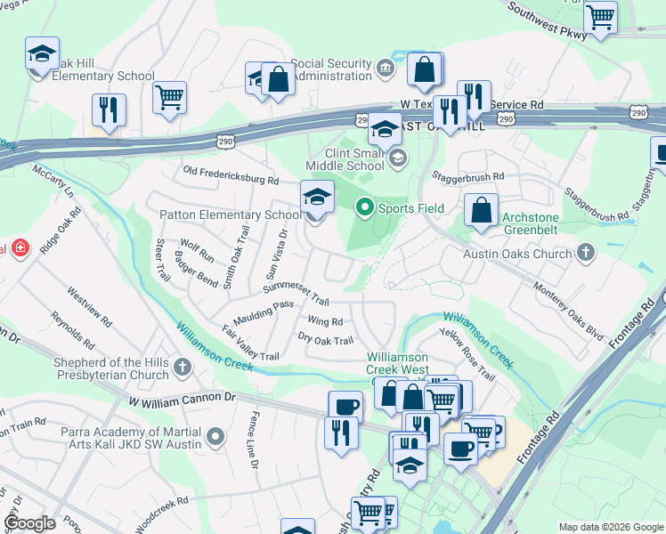 map of restaurants, bars, coffee shops, grocery stores, and more near 6001 Westcreek Drive in Austin
