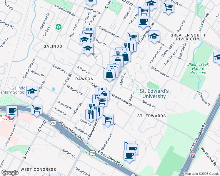 map of restaurants, bars, coffee shops, grocery stores, and more near 3300 South Congress Avenue in Austin