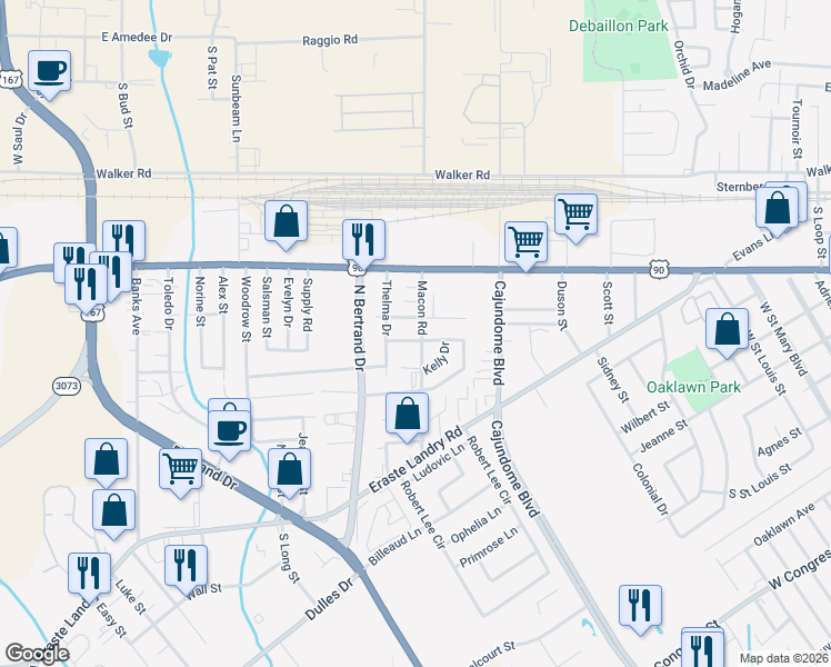 map of restaurants, bars, coffee shops, grocery stores, and more near 202 Adelma Street in Lafayette