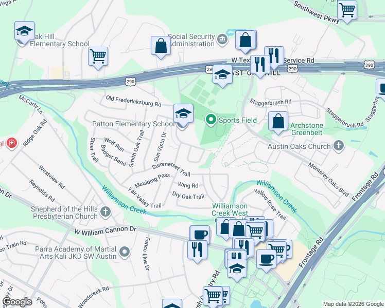 map of restaurants, bars, coffee shops, grocery stores, and more near 6001 Westcreek Drive in Austin