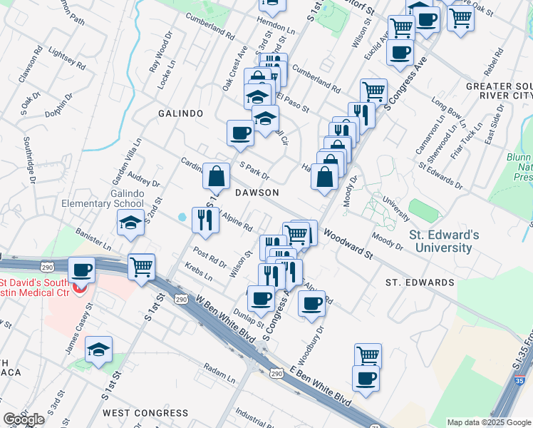 map of restaurants, bars, coffee shops, grocery stores, and more near Ashley Dawn Lane in Austin