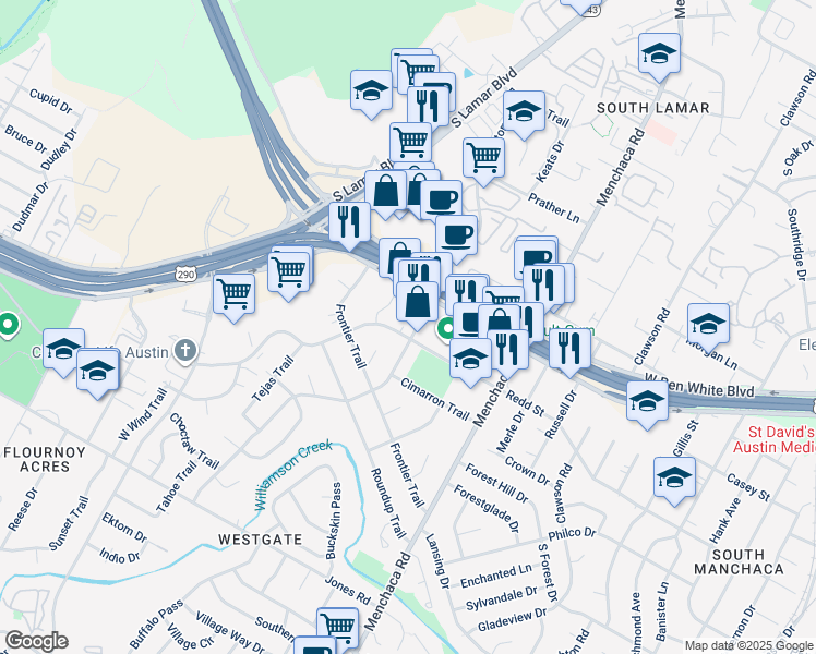 map of restaurants, bars, coffee shops, grocery stores, and more near 2201 West Ben White Boulevard in Austin