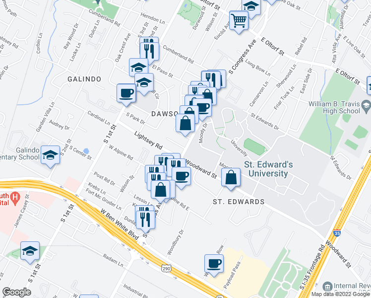 map of restaurants, bars, coffee shops, grocery stores, and more near South Congress Avenue & Frederick Street in Austin