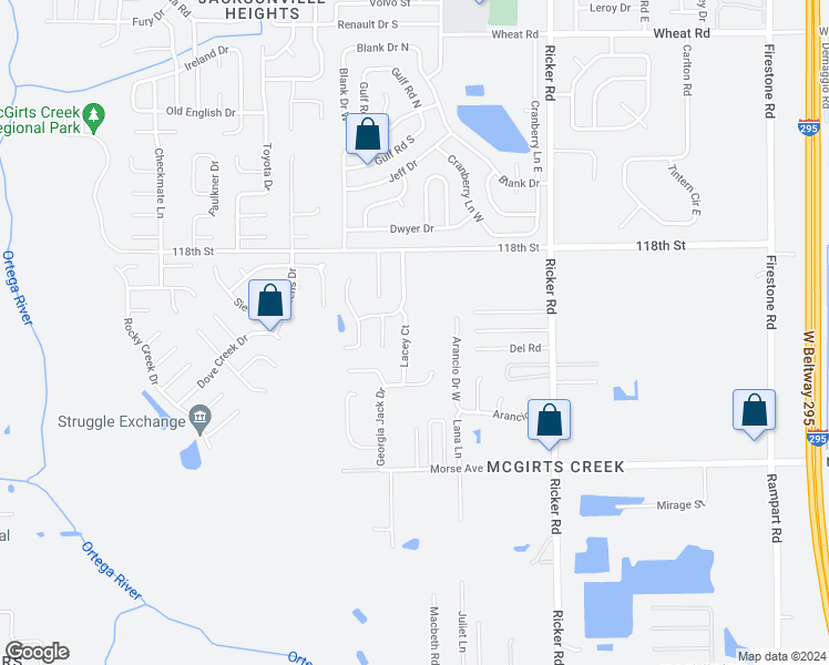 map of restaurants, bars, coffee shops, grocery stores, and more near 6503 Lacey Court in Jacksonville