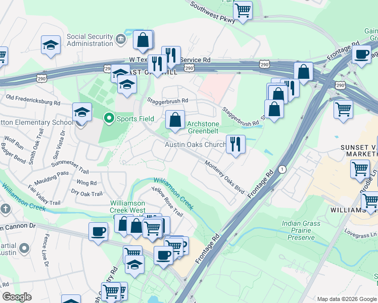 map of restaurants, bars, coffee shops, grocery stores, and more near Monterey Oaks Boulevard in Austin