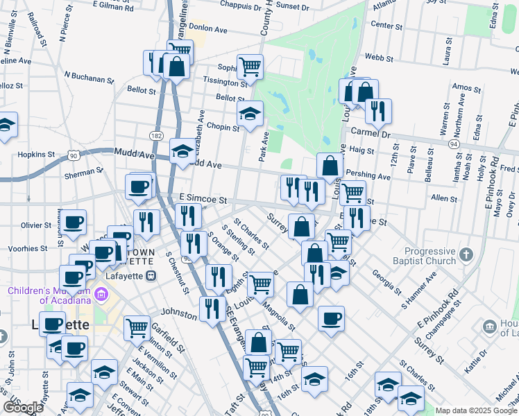 map of restaurants, bars, coffee shops, grocery stores, and more near 108 Surrey Street in Lafayette
