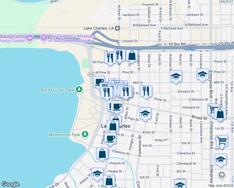 map of restaurants, bars, coffee shops, grocery stores, and more near 700 Ryan Street in Lake Charles