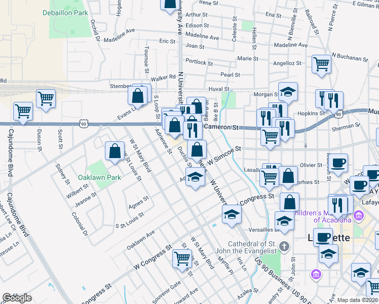 map of restaurants, bars, coffee shops, grocery stores, and more near 1918 West University Avenue in Lafayette