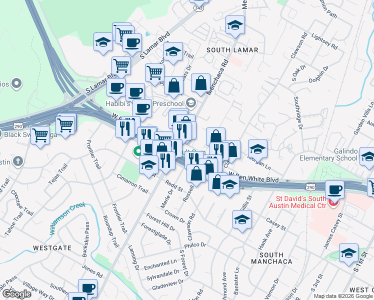 map of restaurants, bars, coffee shops, grocery stores, and more near 1908 West Ben White Boulevard in Austin