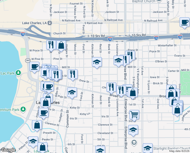 map of restaurants, bars, coffee shops, grocery stores, and more near 715 Kirkman Street in Lake Charles