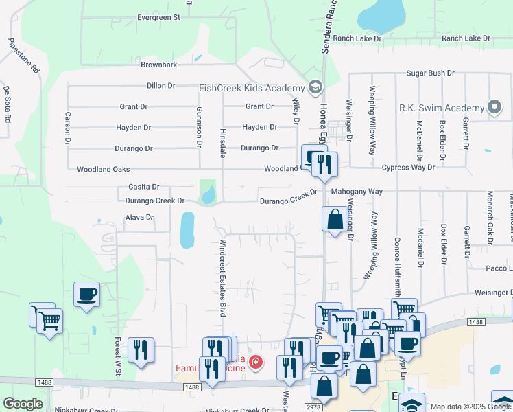 map of restaurants, bars, coffee shops, grocery stores, and more near 6818 Durango Creek Drive in Magnolia