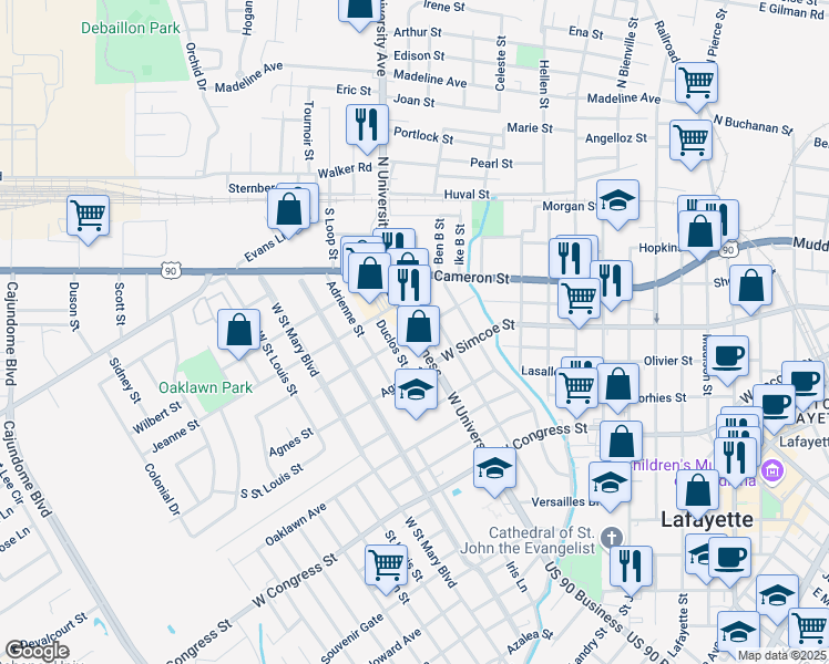 map of restaurants, bars, coffee shops, grocery stores, and more near LA-182 & Silkwood St in Lafayette